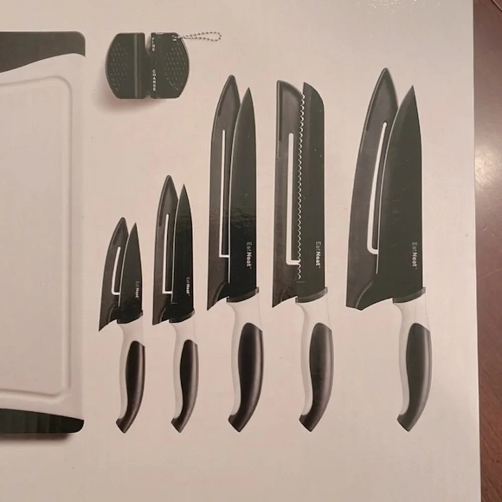 Brand New 12 Piece Kitchen Knife Set Safety Sheaths Cutting Board Sharpener